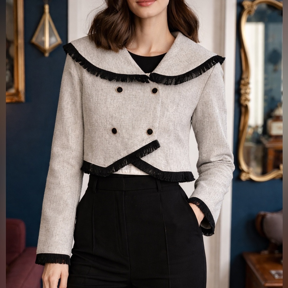 Imituan Korean Gray Cropped Knit Jacket Fringe Sailor Collar S